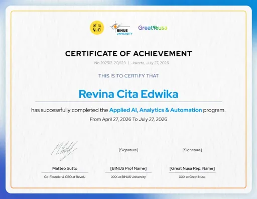 Certificate of Achievement from RevoU, BINUS University, and GreatNusa for the Applied AI, Analytics & Automation program